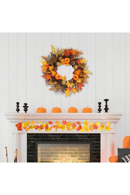 H&O Direct 45cm Maple Leaf Pumpkin Berry Rattan Wreath Door Hanging with 2m Copper Wire Light in Orange - image 1