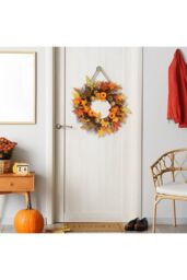 H&O Direct 45cm Maple Leaf Pumpkin Berry Rattan Wreath Door Hanging with 2m Copper Wire Light in Orange - thumbnail 2