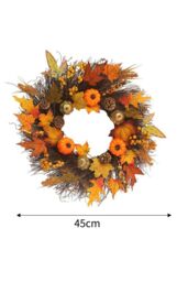 H&O Direct 45cm Maple Leaf Pumpkin Berry Rattan Wreath Door Hanging with 2m Copper Wire Light in Orange - thumbnail 6
