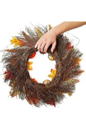 H&O Direct 45cm Maple Leaf Pumpkin Berry Rattan Wreath Door Hanging with 2m Copper Wire Light in Orange - thumbnail 3