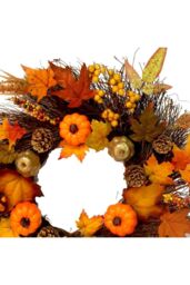H&O Direct 45cm Maple Leaf Pumpkin Berry Rattan Wreath Door Hanging with 2m Copper Wire Light in Orange - thumbnail 4