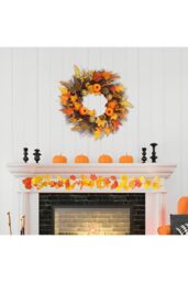 H&O Direct 45cm Maple Leaf Pumpkin Berry Rattan Wreath Door Hanging with 2m Copper Wire Light in Orange - thumbnail 1