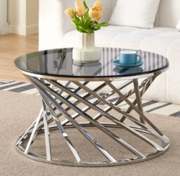 Comfy Living Ltd Round Geometric Design Metal Coffee Table With Tinted Glass Tempered Top in Silver - Size: 1 Pack - thumbnail 1