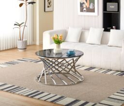 Comfy Living Ltd Round Geometric Design Metal Coffee Table With Tinted Glass Tempered Top in Silver - Size: 1 Pack - thumbnail 7