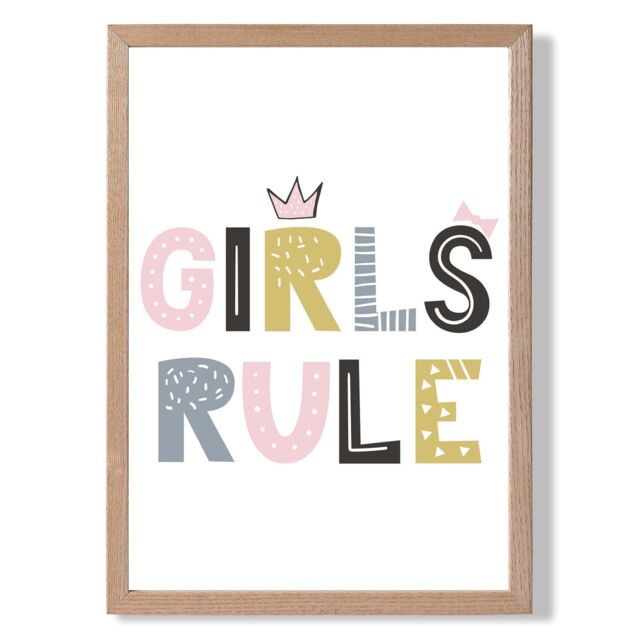 ARTZE Cute Girls Rule Scandi Quote Framed Print SIZE: A2 with Oak Frame in Pink - image 1