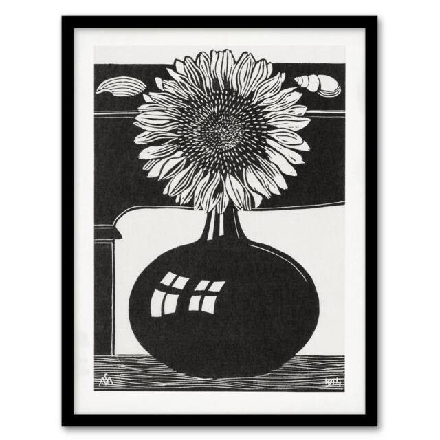 Artery8 Samuel J De Mesquita Framed Wall Art Stylised Sunflower in a Vase in Black - Size: A4 - image 1