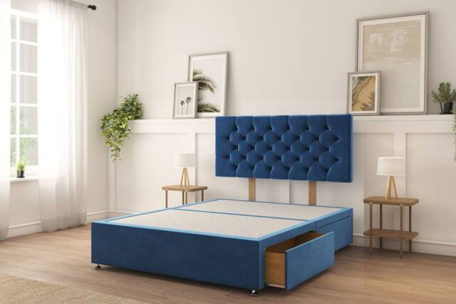 "Sloomy Mayfair Plush Divan Bed Base 2 Drawers Same Side With 26"" Strutted Headboard in Navy - Size: King" - image 1