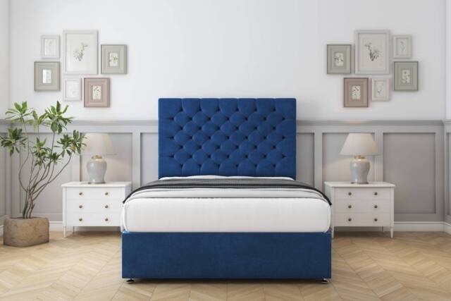 "Sloomy Mayfair Plush Divan Bed Base 2 Drawers Same Side - 26"" Headboard in Blue - Size: King" - image 1