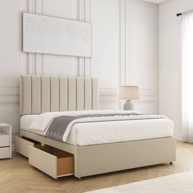 "BSSPOKE Aria Velvet Divan Bed 24"" Headboard 2Drawers Footend & Mattress in Cream - Size: King" - image 1