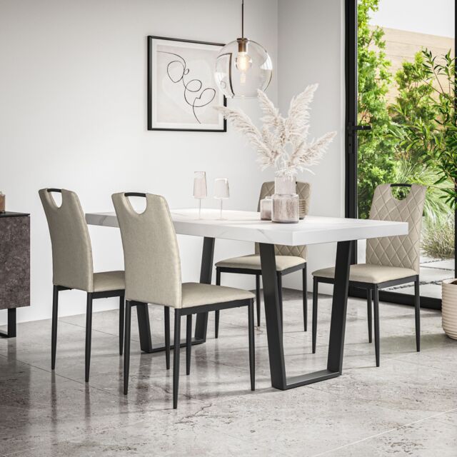 More4Homes Aria Dining Table & Chairs - White Marble Effect Table Top w Black Legs + Monza Linen Dining Chair Set Of 6 in Beige - image 1