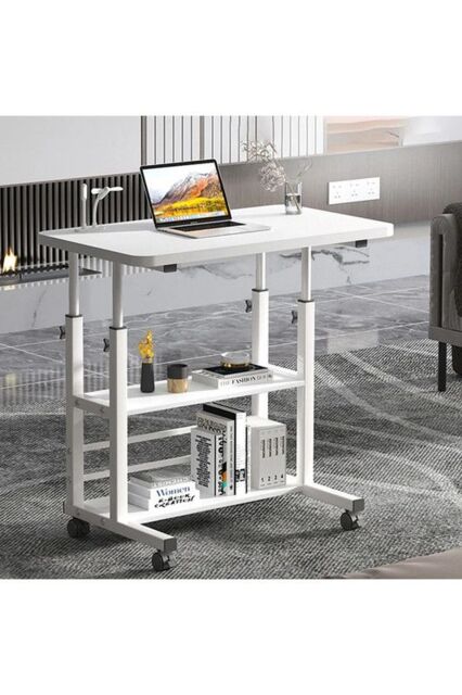 Living and Home Height Adjustable Mobile Table Overbed Desk with Shelves in White - image 1