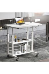 Living and Home Height Adjustable Mobile Table Overbed Desk with Shelves in White - thumbnail 1