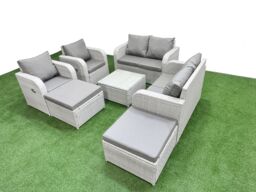 Fimous 8 Seater Outdoor Reclining Chair Love Sofa Set Rattan Garden Furniture Set with Square Coffee Table 2 Big FootStools Light Grey - thumbnail 1
