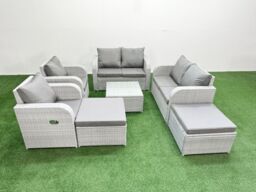 Fimous 8 Seater Outdoor Reclining Chair Love Sofa Set Rattan Garden Furniture Set with Square Coffee Table 2 Big FootStools Light Grey - thumbnail 2