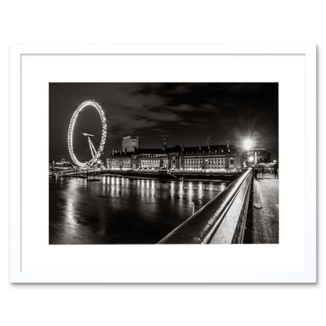 "Artery8 Wall Art Print London Eye Black & White Night Art Black Framed 9x7 inch - Size: W7"" x H9""" - image 1