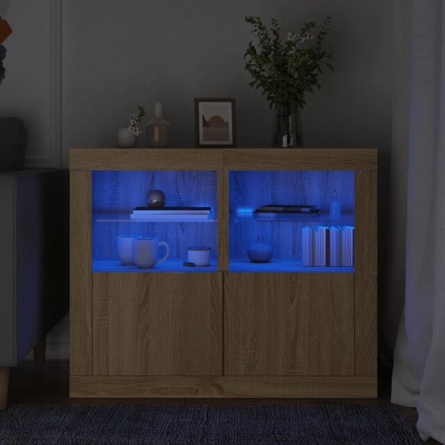 Berkfield Home Side Cabinets with LED Lights 2 pcs Sonoma Oak Engineered Wood in Brown - image 1