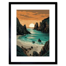 "Artery8 Wall Art Print Porthcurno Beach Sunrise Coastal Landscape Artwork Framed 9X7 Inch in Black - Size: W7"" x H9""" - thumbnail 1
