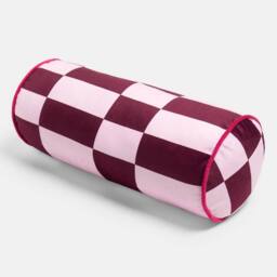 OHS Checkerboard Matte Velvet Bolster Pillow Soft Cylindrical Cushion in Burgundy - thumbnail 4