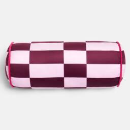 OHS Checkerboard Matte Velvet Bolster Pillow Soft Cylindrical Cushion in Burgundy - thumbnail 3