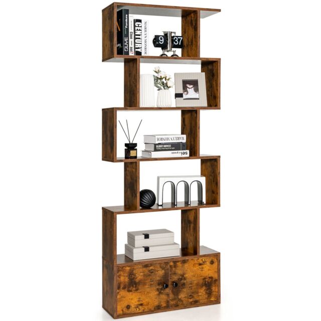 Costway 6-Tier Bookcase Free Standing S-Shaped Style Bookshelf Wooden Display Shelf in Brown - image 1