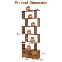 Costway 6-Tier Bookcase Free Standing S-Shaped Style Bookshelf Wooden Display Shelf in Brown - thumbnail 2