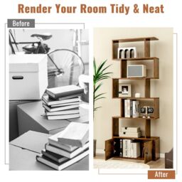 Costway 6-Tier Bookcase Free Standing S-Shaped Style Bookshelf Wooden Display Shelf in Brown - thumbnail 5