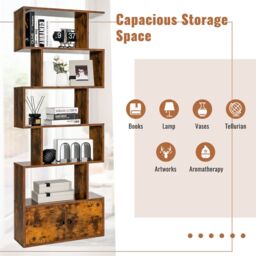 Costway 6-Tier Bookcase Free Standing S-Shaped Style Bookshelf Wooden Display Shelf in Brown - thumbnail 4