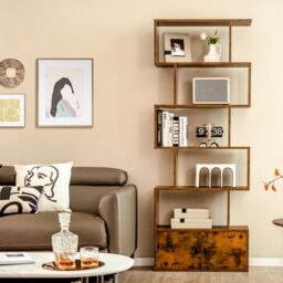 Costway 6-Tier Bookcase Free Standing S-Shaped Style Bookshelf Wooden Display Shelf in Brown - thumbnail 3