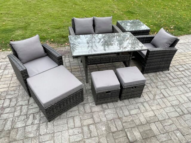 Fimous Wicker Outdoor Garden Furniture Set Patio Furniture Rattan Rectangular Dining Table Lounge Sofa in Dark Grey