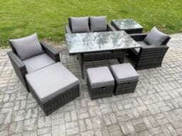 Fimous Wicker Outdoor Garden Furniture Set Patio Furniture Rattan Rectangular Dining Table Lounge Sofa in Dark Grey - thumbnail 1