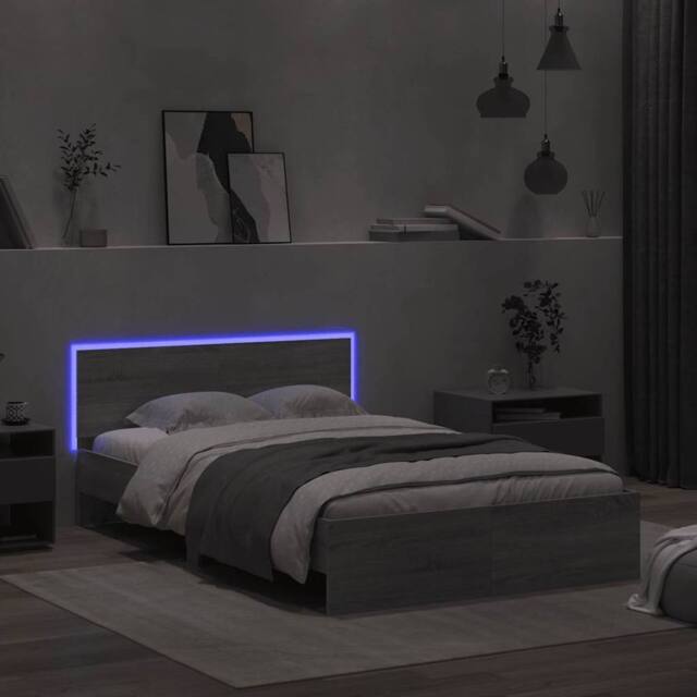 Berkfield Home Durable Bed Frame with Headboard & LED Grey Sonoma 120x190 cm S - Size: Small Double - image 1