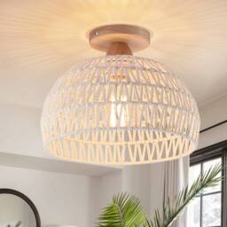 NIVOR Rattan Boho Semi Flush Ceiling Light E27 Vintage White Rustic Lamp