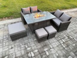 Fimous 7 Seater Rattan Garden Furniture Set Outdoor Lounge Sofa Chair Gas Fire Pit Dining Table Set With 3 Footstools Double Seat Sofa in Dark Grey - thumbnail 2