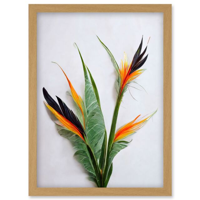 Artery8 Bird of Paradise Stem Leaves & Flowers Tropical Plant Botanical Artwork Framed Wall Art Print A4 in Light Oak - image 1