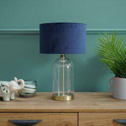 ValueLights Jessy Gold Glass Table Lamp With Navy Blue Velvet Shade