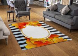 Benjamin Tate Design Orange & Red Autumn Leaves On Black Stripes Rug in Natural - Size: Large - thumbnail 2