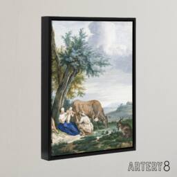 "Artery8 Peasant Family & cattle Landscape Schouman Framed Canvas Wall Art - Size: W18"" x H24""" - thumbnail 2
