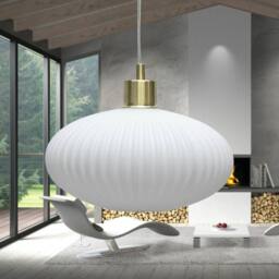 First Choice Lighting Baton - White Ribbed Oval Glass with Satin Brass Pendant Fitting - thumbnail 4