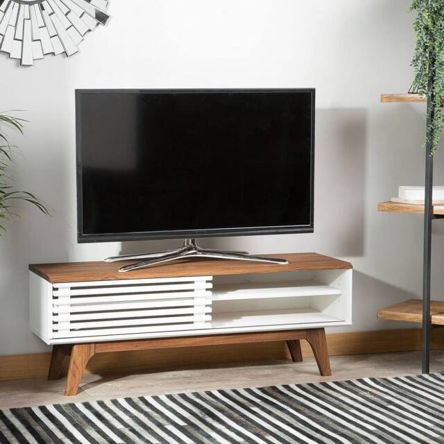 Wyld and Coco TV Stand - White and Dark Wood Fits Up to 53-inch TVs 4 Shelves - image 1