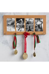 "MijMoj Design Solid Oak Four (6"" x 4"" Photos) Aperture Photo Frame with Medal Hanger - Sports Medal Display in Light Oak"