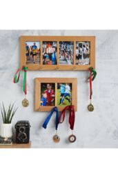 "MijMoj Design Solid Oak Four (6"" x 4"" Photos) Aperture Photo Frame with Medal Hanger - Sports Medal Display in Light Oak" - thumbnail 4