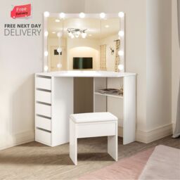 KOSY KOALA Corner Dressing Table with Mirror & Stool Makeup Vanity LED Mirror Lights Hollywood Table in White - thumbnail 2