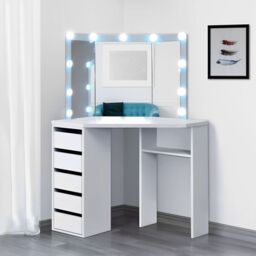 KOSY KOALA Corner Dressing Table with Mirror & Stool Makeup Vanity LED Mirror Lights Hollywood Table in White - thumbnail 3