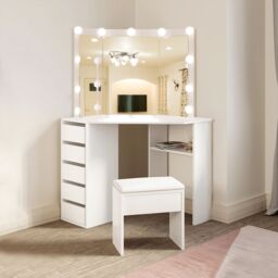 KOSY KOALA Corner Dressing Table with Mirror & Stool Makeup Vanity LED Mirror Lights Hollywood Table in White - thumbnail 1