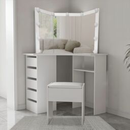 KOSY KOALA Corner Dressing Table with Mirror & Stool Makeup Vanity LED Mirror Lights Hollywood Table in White - thumbnail 9
