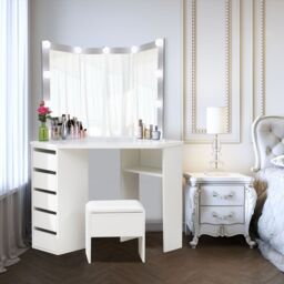 KOSY KOALA Corner Dressing Table with Mirror & Stool Makeup Vanity LED Mirror Lights Hollywood Table in White - thumbnail 6