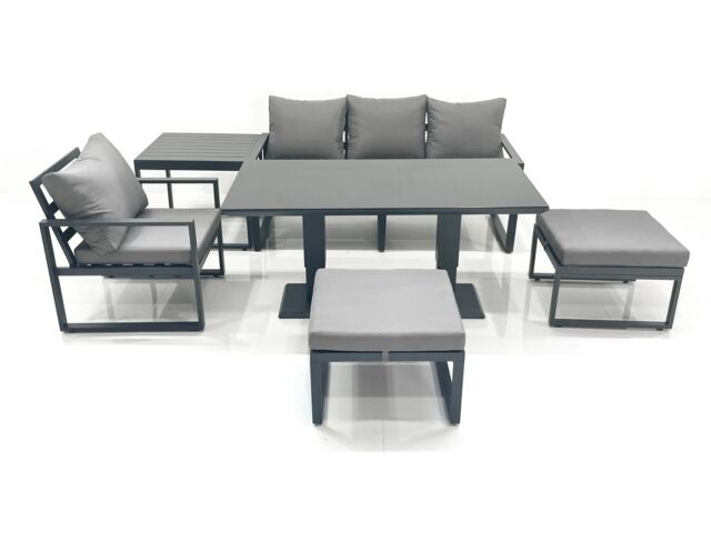 Fimous 6 Seater Garden Sofa Set Aluminium Furniture Rising Dining Tabe Set with Chair 2 Big Footstool Side Table Dark Grey - image 1