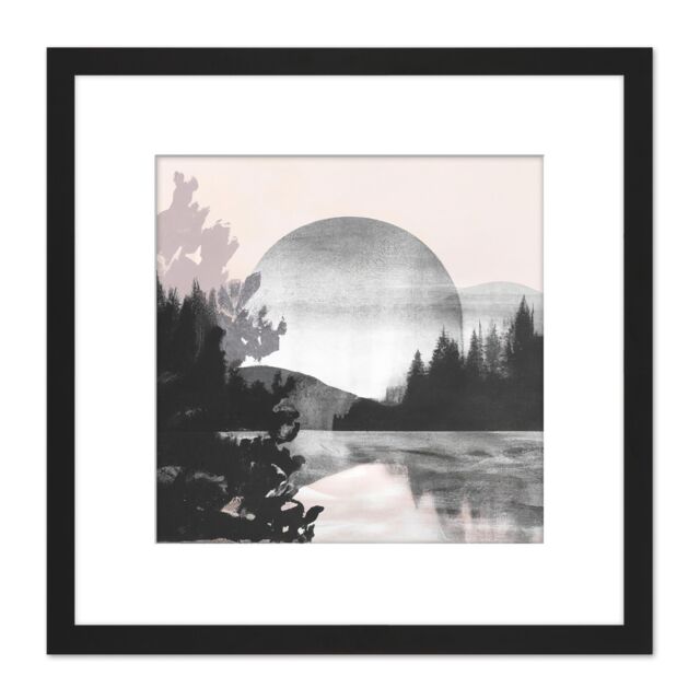 Artery8 Large Full Moon Over Lakeside Landscape Watercolour & Ink Illustration Square Wooden Framed Wall Art Print Picture 8X8 Inch in Black - image 1