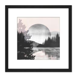 Artery8 Large Full Moon Over Lakeside Landscape Watercolour & Ink Illustration Square Wooden Framed Wall Art Print Picture 8X8 Inch in Black - thumbnail 1