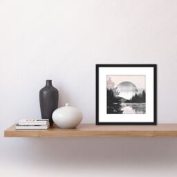 Artery8 Large Full Moon Over Lakeside Landscape Watercolour & Ink Illustration Square Wooden Framed Wall Art Print Picture 8X8 Inch in Black - thumbnail 2